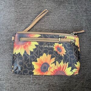 Calvin Klein Floral Sunflower Wristlet Monogram Zip Clutch Bag